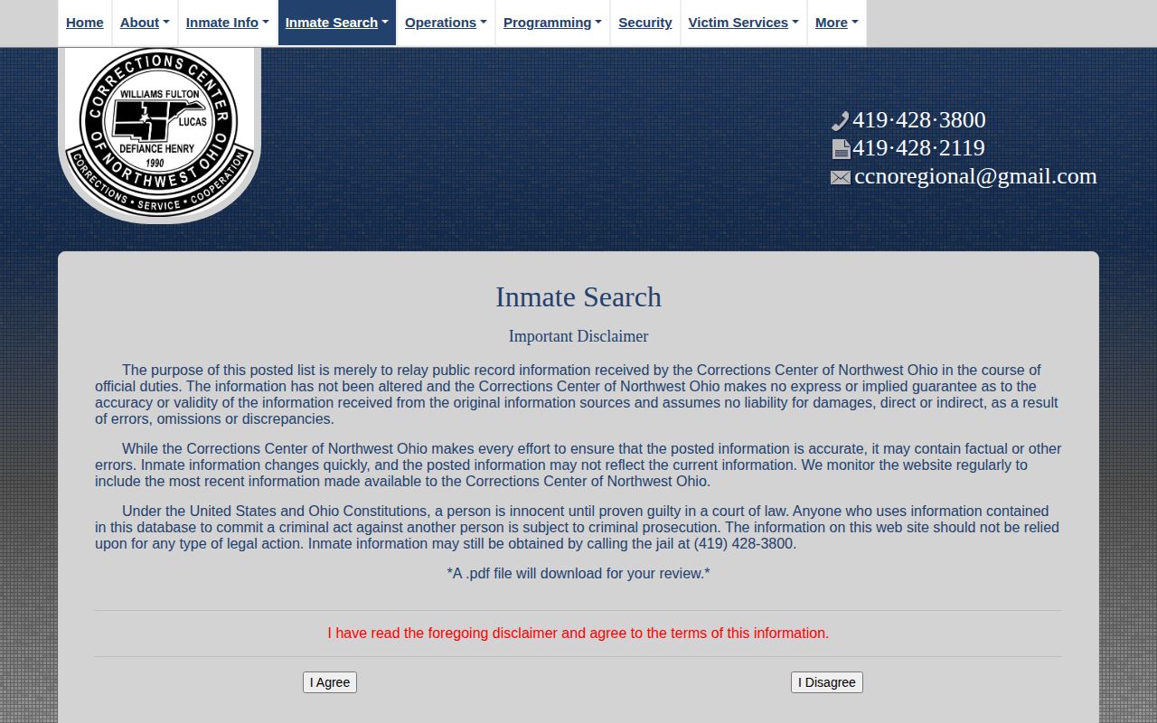 Corrections Center of Northwest Ohio current custody search for Williams County release checks