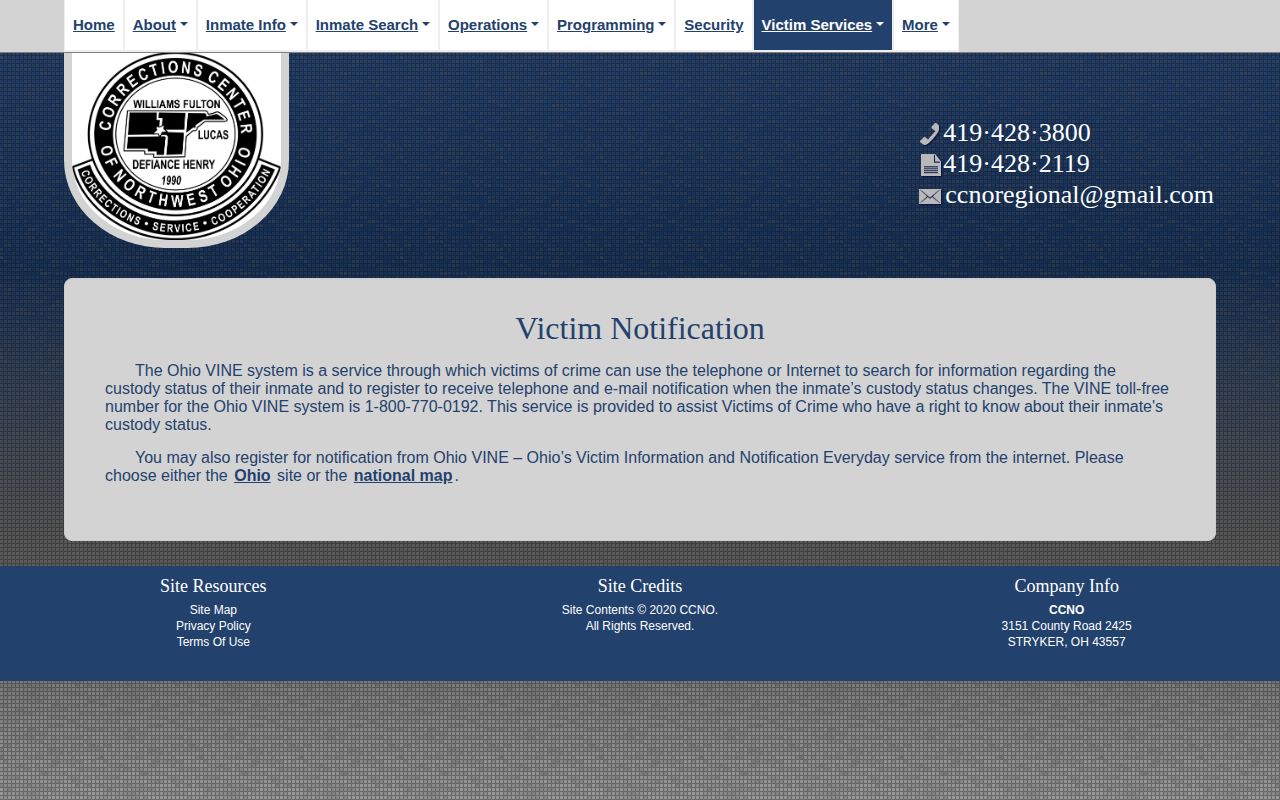 Williams County release notification information on the CCNO VINE page