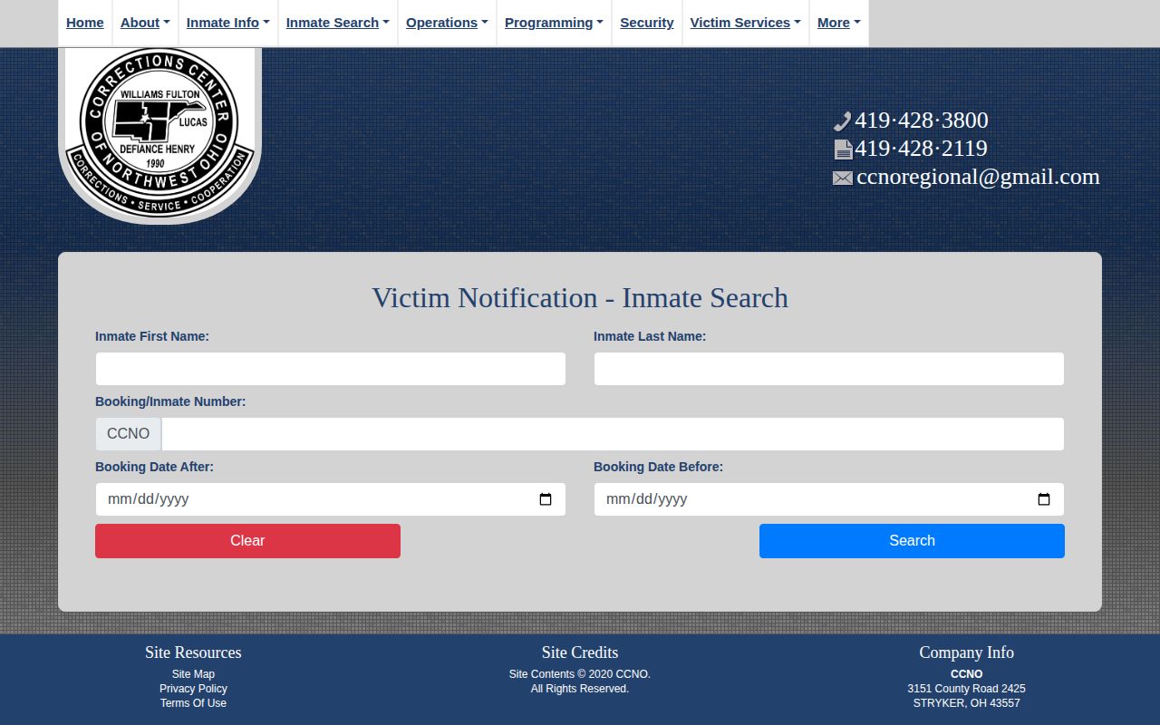 Williams County released inmate historical booking search fields at CCNO