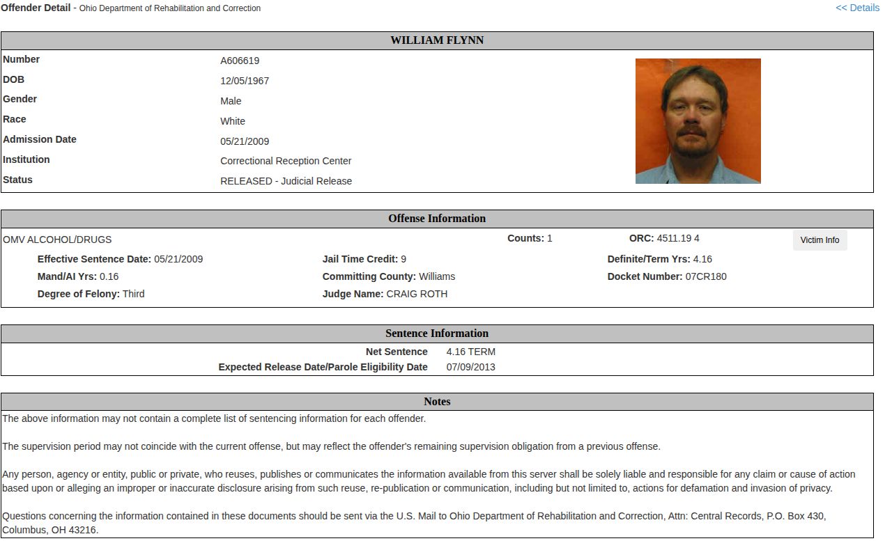 Williams County released inmate ODRC judicial release fields