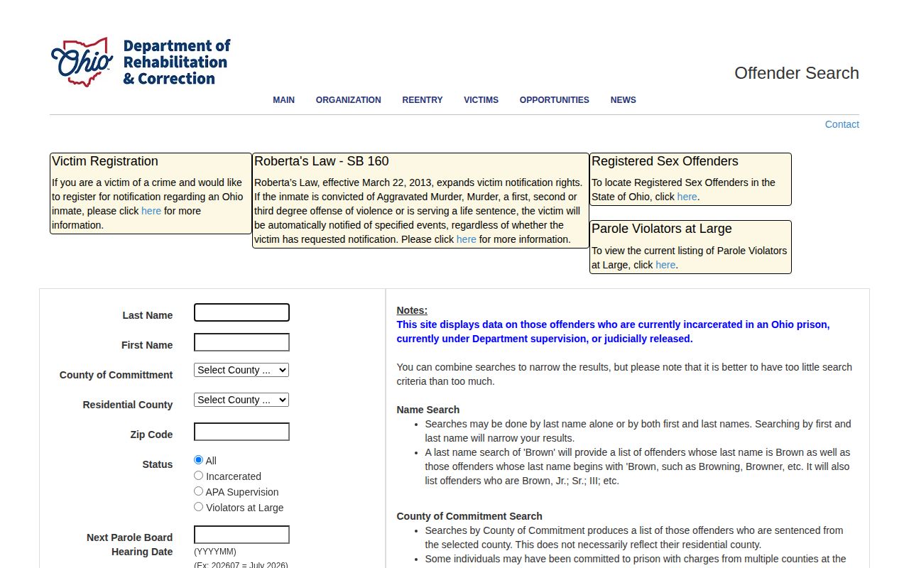 Williams County parole and probation fields in the ODRC offender search