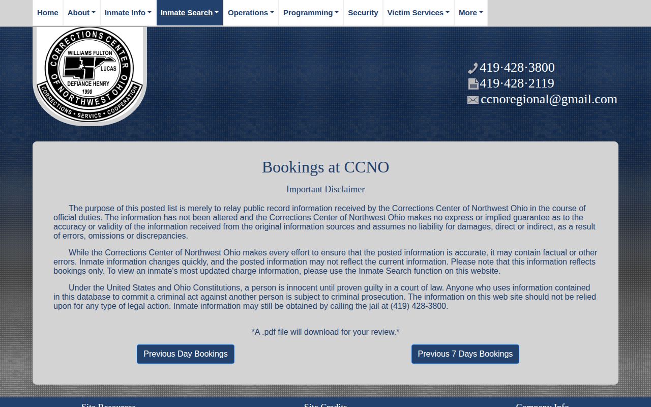 Williams County CCNO seven-day booking option, not a 72-hour release list